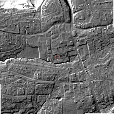 Shaded relief map of the ground around CW47NB, computed from Environment Agency LiDAR. The ground here sits at about 60 m above sea level and falls 19 m across the surrounding 800 m. Surface water reaching this point runs off ground lying to the north, 1.6 m higher.
