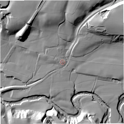 Shaded relief map of the ground around CW48AN, computed from Environment Agency LiDAR. The ground here sits at about 49 m above sea level and falls 35 m across the surrounding 800 m. Surface water reaching this point runs off ground lying to the north-north-west, 0.9 m higher.
