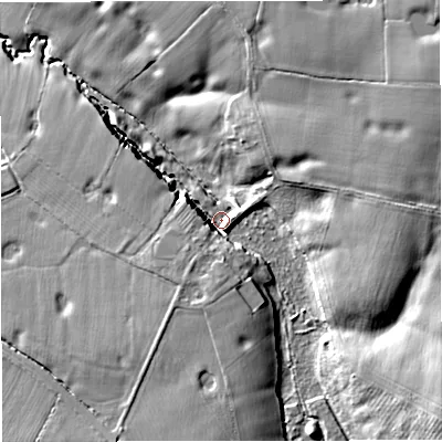 Shaded relief map of the ground around CW48AU, computed from Environment Agency LiDAR. The ground here sits at about 59 m above sea level and falls 17 m across the surrounding 800 m. Surface water reaching this point runs off ground lying to the south-east, 14.9 m higher.