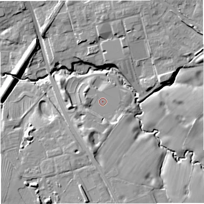 Shaded relief map of the ground around CW48BE, computed from Environment Agency LiDAR. The ground here sits at about 56 m above sea level and falls 14 m across the surrounding 800 m. Surface water reaching this point runs off ground lying to the south-south-west, 6.2 m higher.