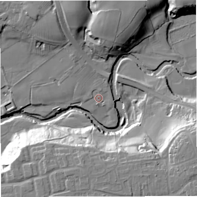 Shaded relief map of the ground around CW48EE, computed from Environment Agency LiDAR. The ground here sits at about 39 m above sea level and falls 30 m across the surrounding 800 m. Surface water reaching this point runs off ground lying to the north-north-east, 3.6 m higher.