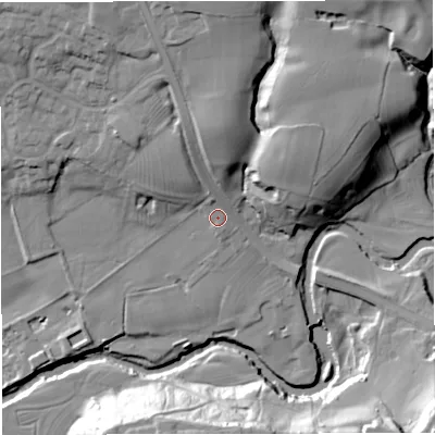 Shaded relief map of the ground around CW48EF, computed from Environment Agency LiDAR. The ground here sits at about 43 m above sea level and falls 28 m across the surrounding 800 m. Surface water reaching this point runs off ground lying to the north, 3.3 m higher.