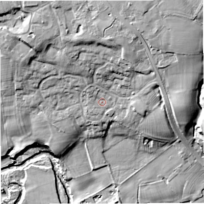 Shaded relief map of the ground around CW48FB, computed from Environment Agency LiDAR. The ground here sits at about 46 m above sea level and falls 29 m across the surrounding 800 m. Surface water reaching this point runs off ground lying to the north-west, 2.6 m higher.