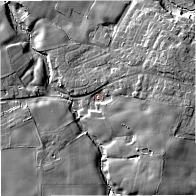 Shaded relief map of the ground around CW48JR, computed from Environment Agency LiDAR. The ground here sits at about 58 m above sea level and falls 15 m across the surrounding 800 m. Surface water reaching this point runs off ground lying to the east, 9.7 m higher.