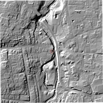 Shaded relief map of the ground around CW55EA, computed from Environment Agency LiDAR. The ground here sits at about 35 m above sea level and falls 12 m across the surrounding 800 m. Surface water reaching this point runs off ground lying to the south-west, 12.1 m higher.