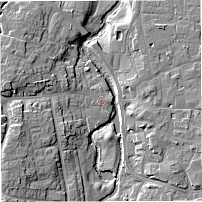 Shaded relief map of the ground around CW55ED, computed from Environment Agency LiDAR. The ground here sits at about 35 m above sea level and falls 13 m across the surrounding 800 m. Surface water reaching this point runs off ground lying to the west-south-west, 9.1 m higher.