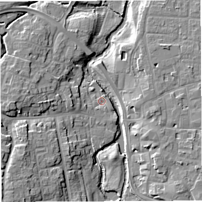 Shaded relief map of the ground around CW55EG, computed from Environment Agency LiDAR. The ground here sits at about 34 m above sea level and falls 12 m across the surrounding 800 m. Surface water reaching this point runs off ground lying to the south-west, 1.3 m higher.
