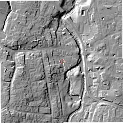 Shaded relief map of the ground around CW55EH, computed from Environment Agency LiDAR. The ground here sits at about 36 m above sea level and falls 14 m across the surrounding 800 m. Surface water reaching this point runs off ground lying to the south-west, 4.6 m higher.