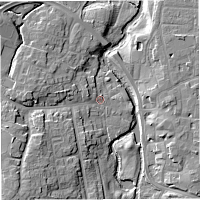 Shaded relief map of the ground around CW55EJ, computed from Environment Agency LiDAR. The ground here sits at about 36 m above sea level and falls 13 m across the surrounding 800 m. Surface water reaching this point runs off ground lying to the south-west, 9.2 m higher.