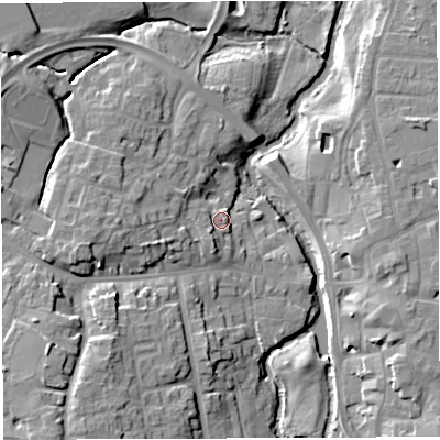 Shaded relief map of the ground around CW55EL, computed from Environment Agency LiDAR. The ground here sits at about 37 m above sea level and falls 13 m across the surrounding 800 m. Surface water reaching this point runs off ground lying to the west, 3.7 m higher.