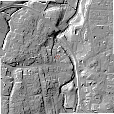 Shaded relief map of the ground around CW55EQ, computed from Environment Agency LiDAR. The ground here sits at about 35 m above sea level and falls 13 m across the surrounding 800 m. Surface water reaching this point runs off ground lying to the west, 4.5 m higher.