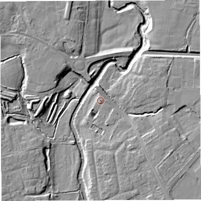 Shaded relief map of the ground around CW55GT, computed from Environment Agency LiDAR. The ground here sits at about 35 m above sea level and falls 10 m across the surrounding 800 m. Surface water reaching this point runs off ground lying to the north, 1.4 m higher.