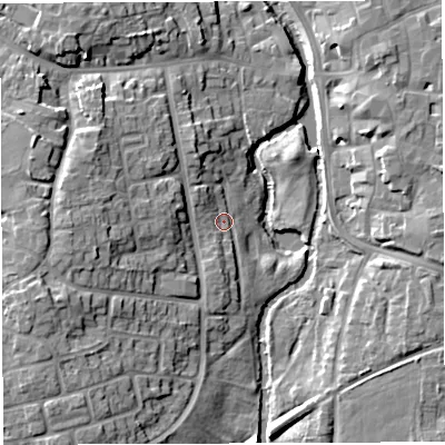 Shaded relief map of the ground around CW55HT, computed from Environment Agency LiDAR. The ground here sits at about 36 m above sea level and falls 14 m across the surrounding 800 m. Surface water reaching this point runs off ground lying to the west-south-west, 10.4 m higher.