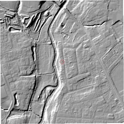 Shaded relief map of the ground around CW55NW, computed from Environment Agency LiDAR. The ground here sits at about 37 m above sea level and falls 9 m across the surrounding 800 m. Surface water reaching this point runs off ground lying to the south-east, 2.7 m higher.