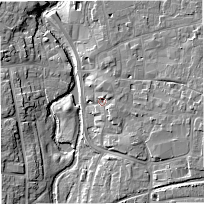 Shaded relief map of the ground around CW55ST, computed from Environment Agency LiDAR. The ground here sits at about 38 m above sea level and falls 10 m across the surrounding 800 m. Surface water reaching this point runs off ground lying to the east-north-east, 3.5 m higher.