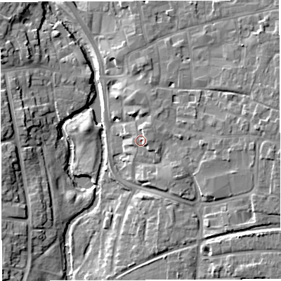 Shaded relief map of the ground around CW55SY, computed from Environment Agency LiDAR. The ground here sits at about 39 m above sea level and falls 10 m across the surrounding 800 m. Surface water reaching this point runs off ground lying to the north-north-east, 1.7 m higher.
