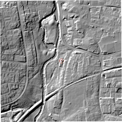 Shaded relief map of the ground around CW55TA, computed from Environment Agency LiDAR. The ground here sits at about 36 m above sea level and falls 11 m across the surrounding 800 m. Surface water reaching this point runs off ground lying to the south-south-east, 4.3 m higher.