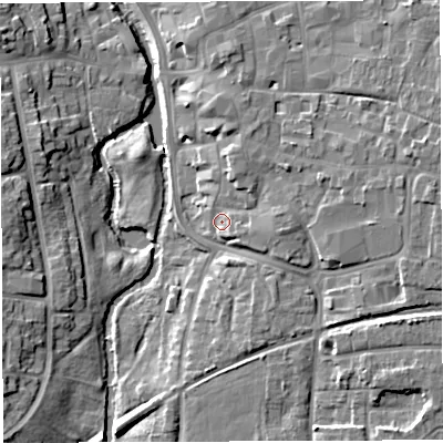 Shaded relief map of the ground around CW55TE, computed from Environment Agency LiDAR. The ground here sits at about 38 m above sea level and falls 10 m across the surrounding 800 m. Surface water reaching this point runs off ground lying to the east, 4.4 m higher.