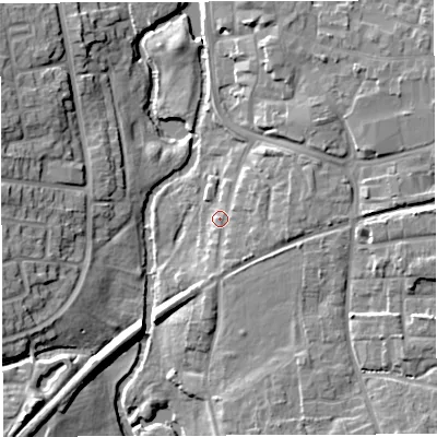 Shaded relief map of the ground around CW55TG, computed from Environment Agency LiDAR. The ground here sits at about 37 m above sea level and falls 12 m across the surrounding 800 m. Surface water reaching this point runs off ground lying to the south-east, 3.2 m higher.