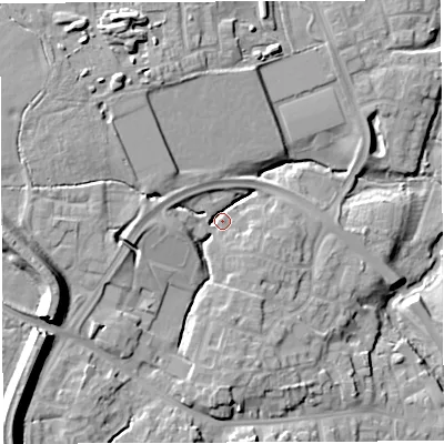 Shaded relief map of the ground around CW55UE, computed from Environment Agency LiDAR. The ground here sits at about 39 m above sea level and falls 19 m across the surrounding 800 m. Surface water reaching this point runs off ground lying to the west, 15.5 m higher.