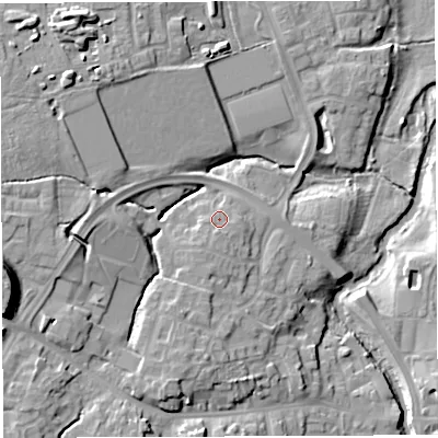 Shaded relief map of the ground around CW55UP, computed from Environment Agency LiDAR. The ground here sits at about 39 m above sea level and falls 19 m across the surrounding 800 m. Surface water reaching this point runs off ground lying to the south-south-west, 2.2 m higher.