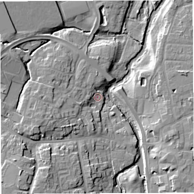 Shaded relief map of the ground around CW55US, computed from Environment Agency LiDAR. The ground here sits at about 36 m above sea level and falls 12 m across the surrounding 800 m. Surface water reaching this point runs off ground lying to the west-south-west, 6.7 m higher.