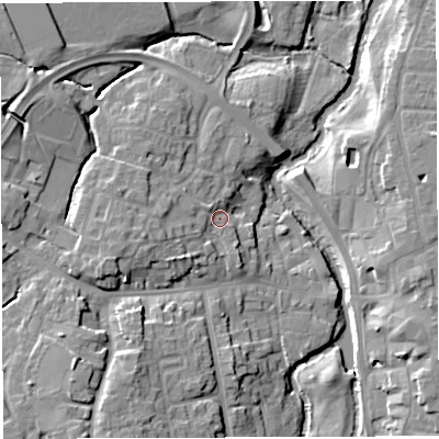 Shaded relief map of the ground around CW55UW, computed from Environment Agency LiDAR. The ground here sits at about 38 m above sea level and falls 13 m across the surrounding 800 m. Surface water reaching this point runs off ground lying to the west-south-west, 6.7 m higher.