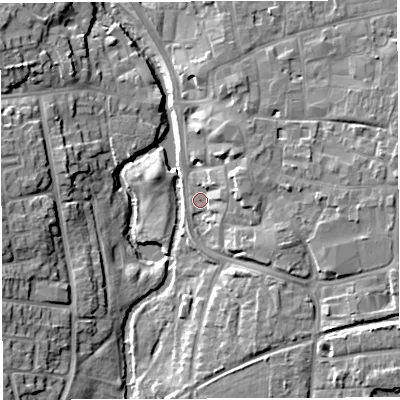 Shaded relief map of the ground around CW55XQ, computed from Environment Agency LiDAR. The ground here sits at about 36 m above sea level and falls 10 m across the surrounding 800 m. Surface water reaching this point runs off ground lying to the east, 6.0 m higher.