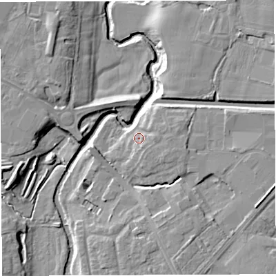 Shaded relief map of the ground around CW55YF, computed from Environment Agency LiDAR. The ground here sits at about 36 m above sea level and falls 10 m across the surrounding 800 m. Surface water reaching this point runs off ground lying to the east-north-east, 3.6 m higher.