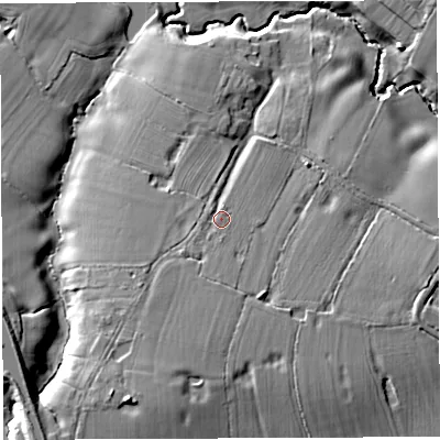Shaded relief map of the ground around CW56AH, computed from Environment Agency LiDAR. The ground here sits at about 44 m above sea level and falls 18 m across the surrounding 800 m. Surface water reaching this point runs off ground lying to the south-south-west, 5.9 m higher.