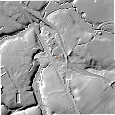 Shaded relief map of the ground around CW56AU, computed from Environment Agency LiDAR. The ground here sits at about 49 m above sea level and falls 20 m across the surrounding 800 m. Surface water reaching this point runs off ground lying to the east, 4.6 m higher.