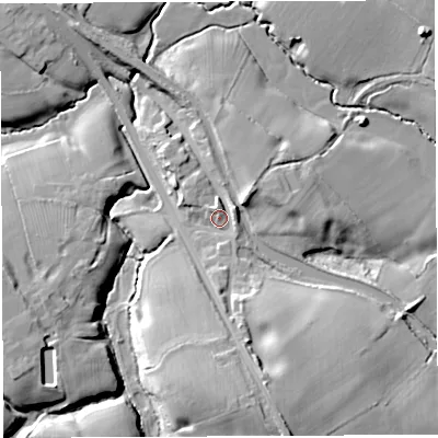 Shaded relief map of the ground around CW56AY, computed from Environment Agency LiDAR. The ground here sits at about 50 m above sea level and falls 19 m across the surrounding 800 m. Surface water reaching this point runs off ground lying to the east-north-east, 4.1 m higher.