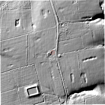 Shaded relief map of the ground around CW56DU, computed from Environment Agency LiDAR. The ground here sits at about 49 m above sea level and falls 15 m across the surrounding 800 m. Surface water reaching this point runs off ground lying to the west-south-west, 1.4 m higher.
