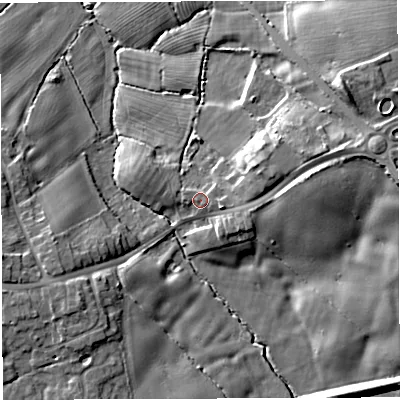 Shaded relief map of the ground around CW56NE, computed from Environment Agency LiDAR. The ground here sits at about 46 m above sea level and falls 14 m across the surrounding 800 m. Surface water reaching this point runs off ground lying to the east, 1.6 m higher.
