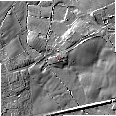 Shaded relief map of the ground around CW56NF, computed from Environment Agency LiDAR. The ground here sits at about 47 m above sea level and falls 14 m across the surrounding 800 m. Surface water reaching this point runs off ground lying to the east, 1.0 m higher.