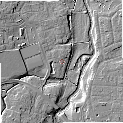 Shaded relief map of the ground around CW56XG, computed from Environment Agency LiDAR. The ground here sits at about 37 m above sea level and falls 10 m across the surrounding 800 m. Surface water reaching this point runs off ground lying to the north-north-west, 0.9 m higher.