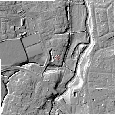 Shaded relief map of the ground around CW56XH, computed from Environment Agency LiDAR. The ground here sits at about 36 m above sea level and falls 10 m across the surrounding 800 m. Surface water reaching this point runs off ground lying to the north, 2.3 m higher.