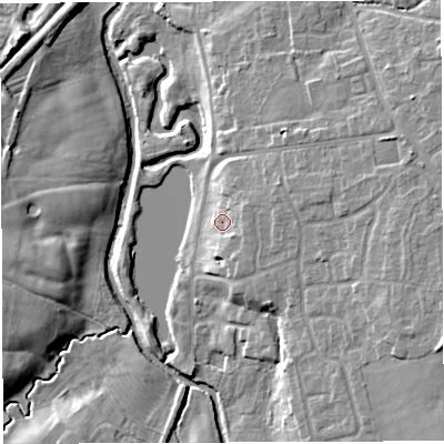 Shaded relief map of the ground around CW57AE, computed from Environment Agency LiDAR. The ground here sits at about 38 m above sea level and falls 11 m across the surrounding 800 m. Surface water reaching this point runs off ground lying to the east-south-east, 3.7 m higher.