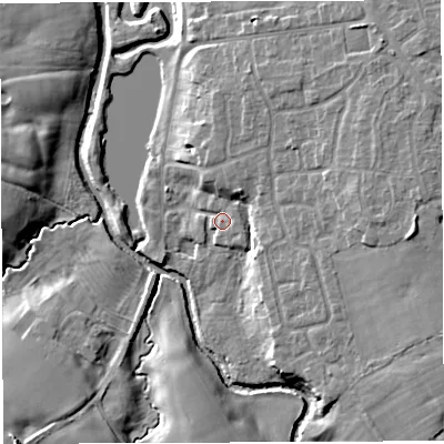 Shaded relief map of the ground around CW57GA, computed from Environment Agency LiDAR. The ground here sits at about 37 m above sea level and falls 11 m across the surrounding 800 m. Surface water reaching this point runs off ground lying to the east, 1.7 m higher.