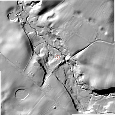 Shaded relief map of the ground around CW57NN, computed from Environment Agency LiDAR. The ground here sits at about 58 m above sea level and falls 23 m across the surrounding 800 m. Surface water reaching this point runs off ground lying to the south-south-west, 6.1 m higher.