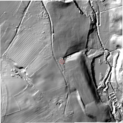 Shaded relief map of the ground around CW57NQ, computed from Environment Agency LiDAR. The ground here sits at about 70 m above sea level and falls 27 m across the surrounding 800 m. Surface water reaching this point runs off ground lying to the south-west, 5.1 m higher.