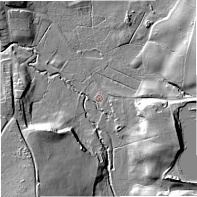 Shaded relief map of the ground around CW57NU, computed from Environment Agency LiDAR. The ground here sits at about 50 m above sea level and falls 25 m across the surrounding 800 m. Surface water reaching this point runs off ground lying to the south-east, 18.6 m higher.