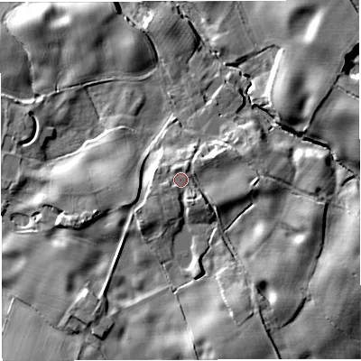 Shaded relief map of the ground around CW57PP, computed from Environment Agency LiDAR. The ground here sits at about 75 m above sea level and falls 15 m across the surrounding 800 m. Surface water reaching this point runs off ground lying to the south-south-east, 1.9 m higher.
