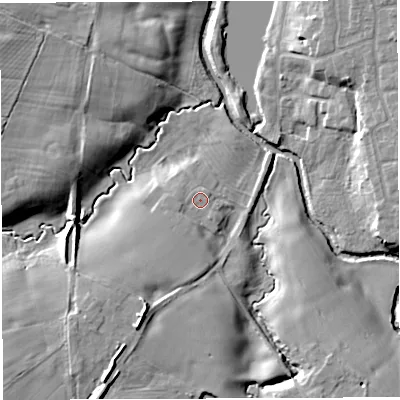 Shaded relief map of the ground around CW58AA, computed from Environment Agency LiDAR. The ground here sits at about 38 m above sea level and falls 11 m across the surrounding 800 m. Surface water reaching this point runs off ground lying to the south-west, 3.4 m higher.
