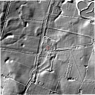 Shaded relief map of the ground around CW58AY, computed from Environment Agency LiDAR. The ground here sits at about 53 m above sea level and falls 16 m across the surrounding 800 m. Surface water reaching this point runs off ground lying to the south-south-west, 3.6 m higher.