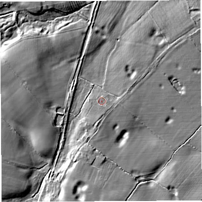 Shaded relief map of the ground around CW58BP, computed from Environment Agency LiDAR. The ground here sits at about 65 m above sea level and falls 11 m across the surrounding 800 m. Surface water reaching this point runs off ground lying to the south-south-west, 1.9 m higher.