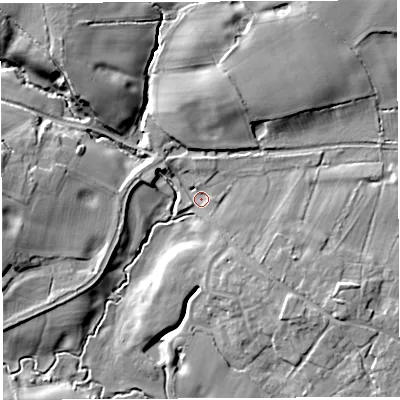 Shaded relief map of the ground around CW58HG, computed from Environment Agency LiDAR. The ground here sits at about 69 m above sea level and falls 14 m across the surrounding 800 m. Surface water reaching this point runs off ground lying to the east, 4.0 m higher.