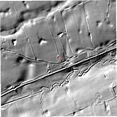 Shaded relief map of the ground around CW58HQ, computed from Environment Agency LiDAR. The ground here sits at about 73 m above sea level and falls 17 m across the surrounding 800 m. Surface water reaching this point runs off ground lying to the north-west, 6.2 m higher.