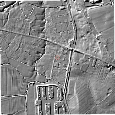 Shaded relief map of the ground around CW58LU, computed from Environment Agency LiDAR. The ground here sits at about 59 m above sea level and falls 12 m across the surrounding 800 m. Surface water reaching this point runs off ground lying to the east-north-east, 5.4 m higher.