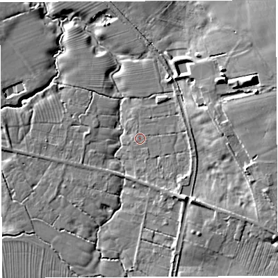 Shaded relief map of the ground around CW58LX, computed from Environment Agency LiDAR. The ground here sits at about 59 m above sea level and falls 13 m across the surrounding 800 m. Surface water reaching this point runs off ground lying to the east-south-east, 8.1 m higher.